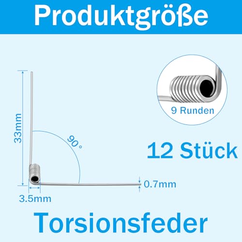 CONJURAIDE 12 Stück Torsionsfeder, 90° Ablenkungsfeder Schenkelfeder aus Metall Armlänge 33 mm Drehfeder Metallfeder Federn Sortiment Ersatzfeder Feder Set für Mülleimer Müll Trennsystem (9 Runden)