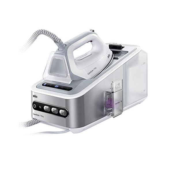 Braun-IS7155WH-Carestyle-7-Centro-de-Planchado-2400W-125gmin-golpe-de-vapor-500gmin-suela-bidireccional-Eloxal-3D-Plus-Tecnologia-iCare-sistema-FastClean-blanco-y-gris