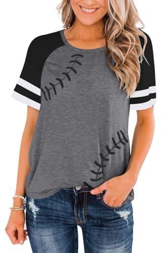 ZUNQKG Womens Baseball Shirts Short Sleeve Crewneck Patchwork Workout Summer Raglan Baseball Jerseys Top Grey M