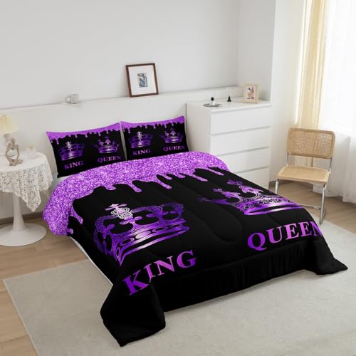 Image of Feelyou King Purple Crown King & Queen Bedding Set Anniversary Comforter Set for Adults Mr & Mrs Comforter Glitter Print Duvet Set Adult Microfiber Bed Set