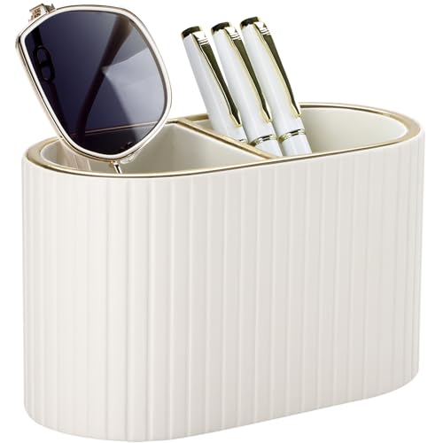 KINGFOM ペン立て 筆立て ペンスタンド縦ストライプ ペンホルダー ペンケース PUレザー おしゃれ 大容量 卓上収納 文房具 オフィス 学校 子供用 (ホワイト)