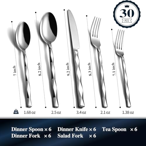 KINGSTONE-Silverware-Set-Luxury-30-Piece-Flatware-Set-for-6-1810-Stainless-Steel-Cutlery-Set-with-Diamond-Cut-Pattern-for-Kitchen-Home-Wedding-Party-Mirror-Polished-and-Dishwasher-Safe KINGSTONE Silverware Set Luxury 30 Piece Flatware Set for 6 1810 Stainless Steel Cutlery Set with Diamond Cut Pattern for Kitchen Home Wedding Party Mirror Polished and Dishwasher Safe