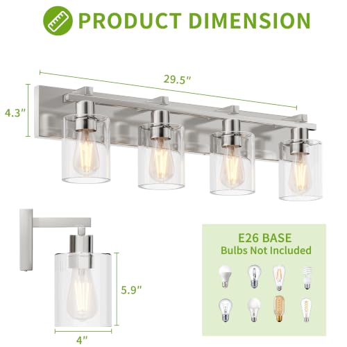 Image of Bathroom Vanity Light,4 Light Nickel Light Fixture with Thickened Clear Glass Shade, 21 inch Dimmable Modern Wall Sconce, Bathrooms Vanity Light Over Mirror for Bathroom