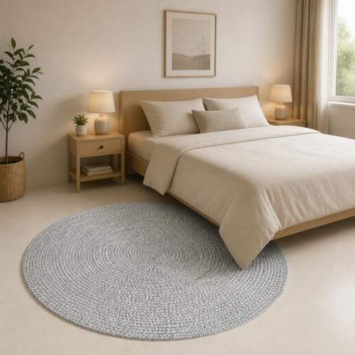 Image of Handmade Cotton Braided 5x5 feet Area Rug - Washable, Low Pile Reversible Floor Mat for Bedroom, Kitchen, Entryway & Living Room - Eco-Friendly Woven Carpet - (Light Grey Round, Round)