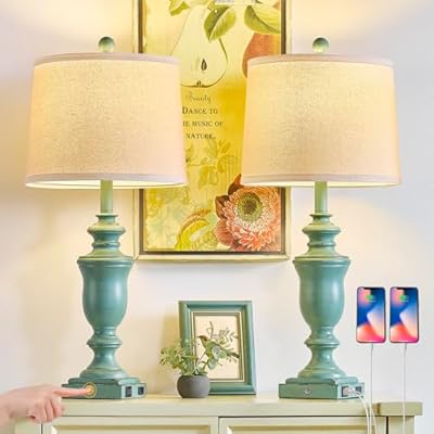 SAIWEYA 27.5" Farmhouse Table Lamps Set of 2 Bedroom Lamp, 3 Way Dimmable Bedside Lamp with 2 USB +AC Outlet Nightstand Vintage Rustic Touch Lamps (Antique Green)