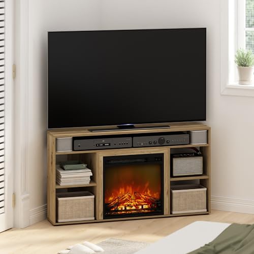 Image of Furinno Jensen Fireplace TV Stand, Corner Entertainment Center, TV Console for TV up to 55 Inch with Fireplace, for Living Room, Bedroom, Flagstaff Oak