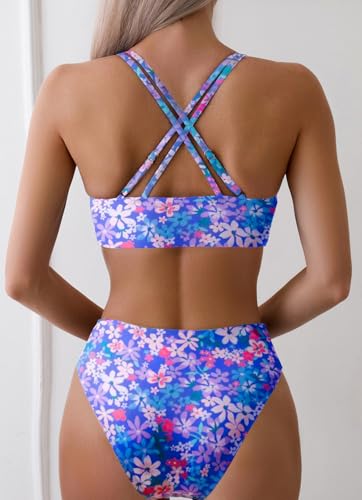 Tainehs Women's Push Up V Neck Bikini Sets Criss Cross Back Two Piece Bathing Suit Pink Flower2