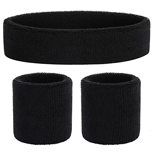 Image of ONUPGO Black Sweatband Set Cotton Headband Wristband Set Sweatbands Terry Cloth Wristband Wrist Sweatband Headbands Moisture Wicking Sweat Absorbing Head Band