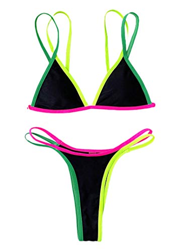Remidoo Women s Sexy Color Block High Cut Triangle Thong Bikini Set 2 Piece Swimsuits Black Small