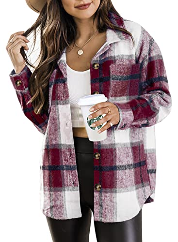 Womens Casual Plaid Flannel Lapel Button Down Shirt Jacket Shackets Coat 6025 Burgundy Medium