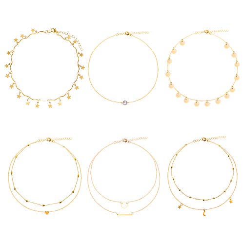 ONESING 6 Pcs Layering Chain Choker Necklaces for Women Layered Choker Necklaces Adjustable Moon Star Pendant Layered Pendant Choker Jewelry Set