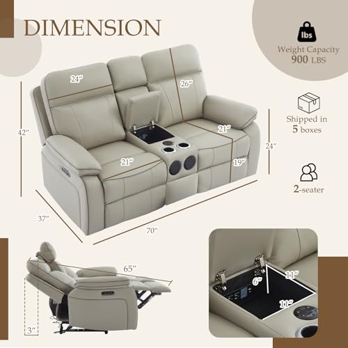 Neptane Power Reclining Loveseat with LED Reading Light/Storage Drawer/Bluetooth Speakers, Power Loveseat Recliner Sofa Wall Hugger Reclining Loveseat with Outlets(Grey, 2 Seat with Console)