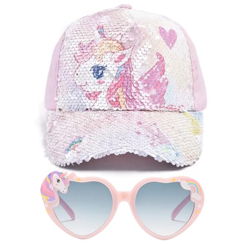 ZXTGBQ Casquette Lunettes de Soleil Enfants Fille, Réglable Casquette de Baseball Rose Licorne avec Lunettes de Soleil Anti-UV, pour Les 3 à 8 Ans