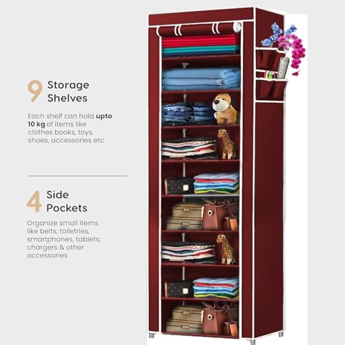 Image of Collapsible Wardrobe 6 Shelves Storage Clothes Storage Rack Quick Wardrobe /Cabinet /Multipurpose Storage Rack, Foldable, Collapsible Fabric Organizer for Home Office (Maroon, 9 Layer)