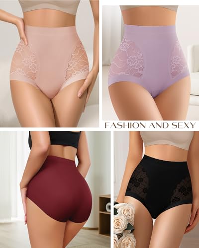 Women's High Waisted Lace Underwear Full Coverage Nylon Panties Soft Breathable Sexy Ladies Briefs 4-Pack S-XXL3