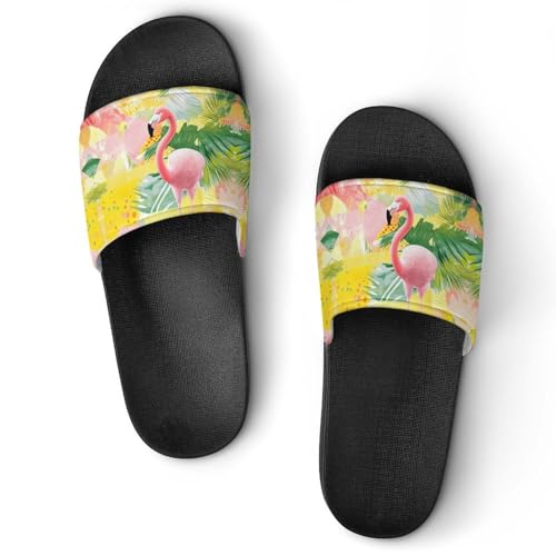 Flamingo Tropical Flowers House Slippers for Women Men Lightweight Open-toe Slide Shoes for Bathroom Swimming Beach
