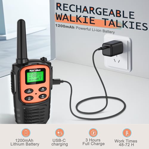 Image of MaxTalker Walkie Talkies for Adults 2 Pack Long Range Rechargeable 2 Way Radios, Hiking Accessories Camping Gear Xmas Gift for Kids with 22 FRS Channel Radios, Lamp,VOX,Li-ion Battery,NOAA | Rechargeable 1200mAh USB-C walkie talkie with NOAA, LED flashlight & VOX, Ideal for hiking, camping