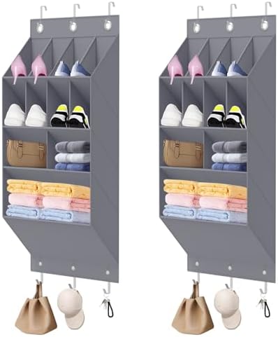 QINGUANG Over the Door Shoe Organizer for Closet,Hanging Shoe Rack, 2 Pack Oxford Fabric Shoe Storage Organizer, Shoe Holder Behind the Door with 11 Pockets,6 Hooks Each, Grey