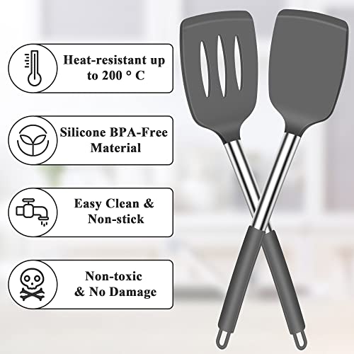 Silicone Spatula Turner, 2 Pack Heat Resistant Slotted Spatula Solid Turner for Cooking, BPA Free Large Black Silicone Spatula Kitchen Utensils for Baking Non Stick Cookware, Dishwasher Safe,Grey - Image 2