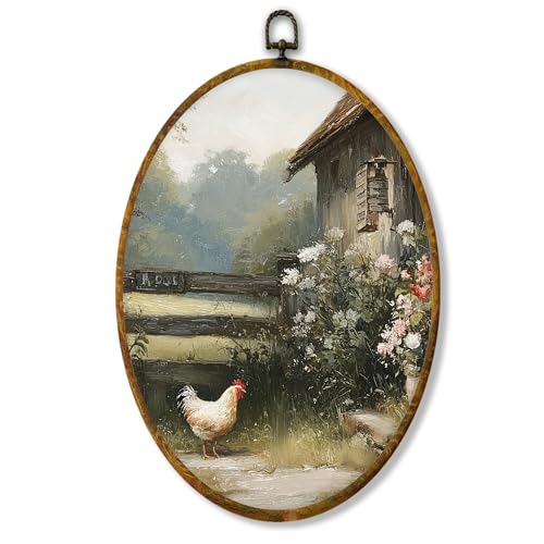 Hiuwevt Vintage Farmhouse Chicken Oval Wall Art Decor, Retro Country Farm Animal Framed Canvas Prints, Rustic Cottagecore Chicken Oval Wall Hanging Decor for Kitchen Home Decorations, 8.6x11.4 Inches