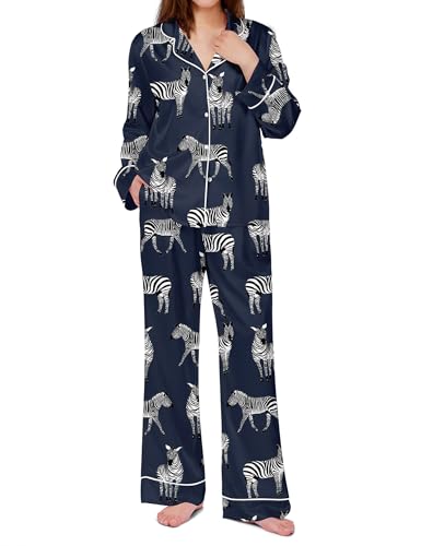 Image of SHESHOW Satin Pajamas Set for Women Set Long Sleeve Button Down Pjs Sets 2 Piece Loungewear Animal Sleepwear XS-XXL