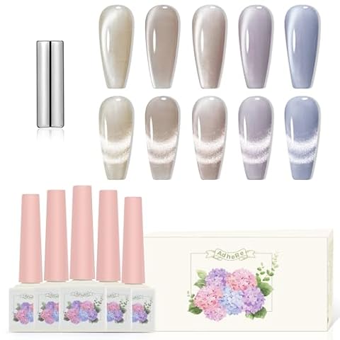 ADHERE Zestaw 5 Lakierów Cat Eye UV z Magnesem - Nagi Beżowy, Liliowy, Niebieski, Błyszczący Kot Oko Lakier do Paznokci (12 ml x 5)
