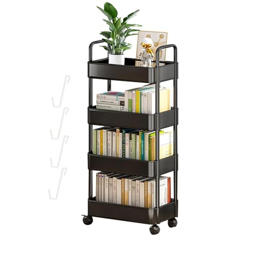 Carrito de cocina con ruedas para aperitivos, 4 capas, estante de almacenamiento móvil, ideal para libros, revistas y aperitivos, 15 x 10 x 29 pulgadas