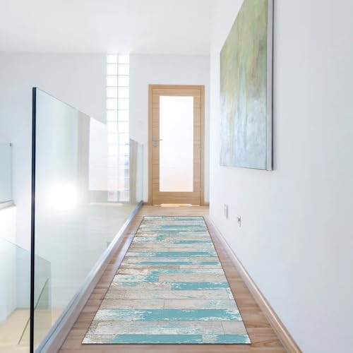Alfombra de pasillo de cocina lavable en tonos gris y azul 3D 6