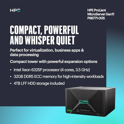Image of Hewlett Packard Enterprise ProLiant MicroServer Gen11 Tower Server, Intel Xeon 6325P Processor, 32GB Memory, 4TB HDD Storage, External 180W US Power Supply (HPE Smart Choice P86771-005)
