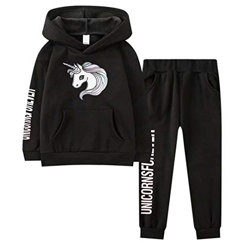 Gorboig Girls Pant Set Hoodie Cotton Sweatshirt & Sweatpants 2 Pieces, Black Unicorn Set 10Y