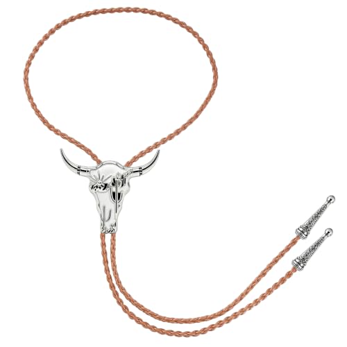 Image of GelConnie Bola Tie for Men White Longhorn Skull Western Cowboy Tie Cord | White Western Skull Bolo Tie with Cactus Motif, Adjustable Faux Leather Cord for Bola Tie for Men and Country Wedding Attire