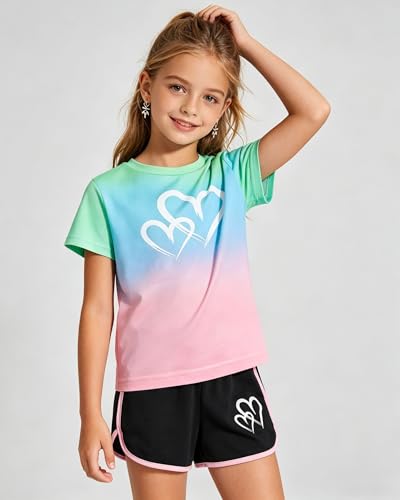 Image of Tween Girls Clothes Summer Short Sleeve T-Shirt and Shorts Set Casual Two Pieces Outfit Size 8 13