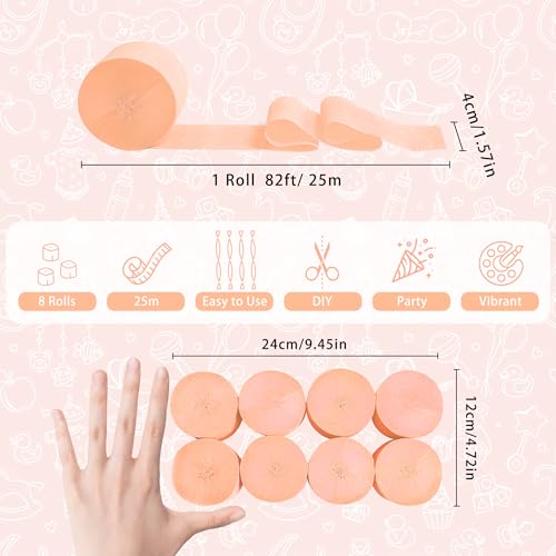Image of 8 Rolls Crepe Paper Streamers, Peach Pink Streamers Party Decorations for Baby Shower Bridal Shower Wedding Bachelorette Party Girls Birthday Boho Decor