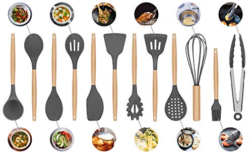 Duerer Silicone Kitchen Utensils Set with Holder, 12 Pcs Cooking Utensils Kit, Cooking Spatula Turner Heat Resistant Tools with Wooden Handle, Kitchen Gadgets Set for Nonstick Cookware (BPA FREE) - Thumbnail 2