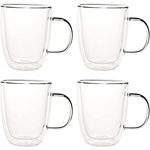Double Walled Glass Coffee Mugs, 16 Ounce Drinking Glasses (4 Pack)