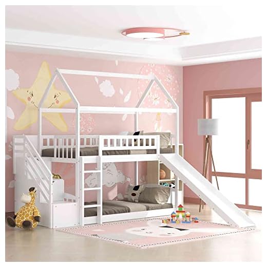 Cotoala Wood House Bunk Bed with Two Drawers and Slide, Twin Over Twin Bunkbed w/Roof & Guardrails, No Box Spring Needed, White