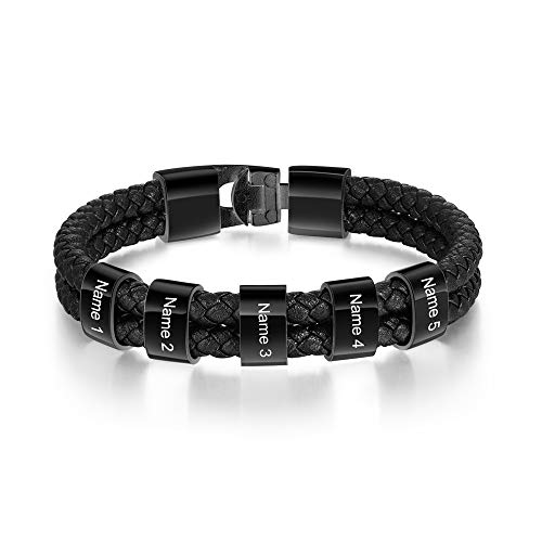 Personalized Men’s Bracelets Black Braid Leather Bracelets For Men With 1-8 Names Customized Beads Custom Id Bracelet For Men (5 Beads) #TOP12
