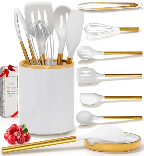 Image of 8 Piece White and Gold Kitchen Utensils - White Silicone Cooking Utensils Set, Ceramic Utensil Holder & Stackable Gold Spoon Rest -Nonstick, Non-Toxic, Heat Resistant, Luxury Kitchen Accessories