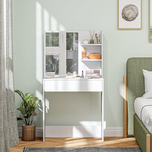 HOMCOM Tocador de Maquillaje con Espejo Mesa de Maquillaje con Cajón y 3 Estantes Abiertos Tocador para Espacios Pequeños Dormitorio Salón Blanco - imagen 8