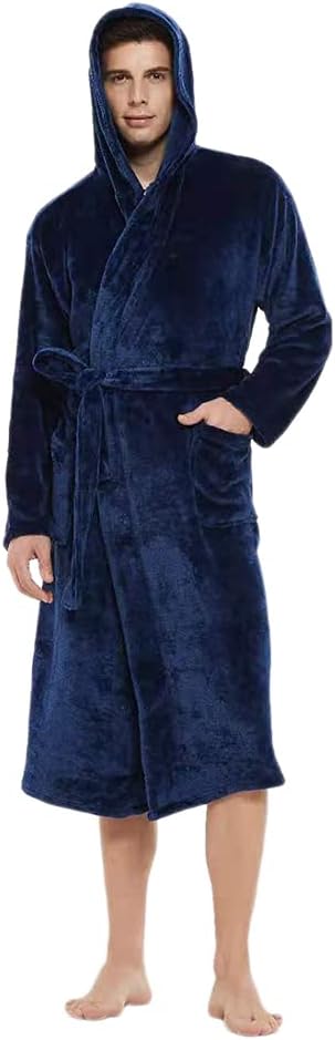 U2SKIIN Mens Hooded Robe, Plush Robes for Men Long Fleece Bathrobe, Navy Blue Hooded, Large-X-Large