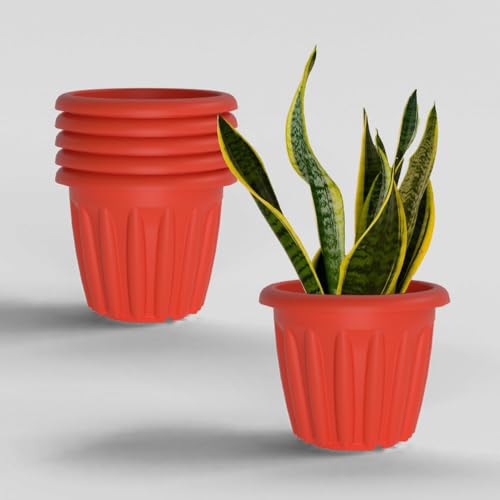 Image of YUCCABE ITALIA SHERA Floot 12 Inch Plastic Flower Pot 6 Piece Set of Round Shape Planter for Home Garden Seedling Planter for pots (Red)