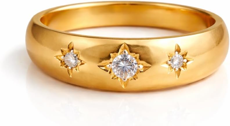 Round Cut Moissanite Wedding Band for Women 14K Yellow Gold Wide Gold Band with Three Round Minimalist Celestial Anniversary Promise Ring Jewelry Gift for Her