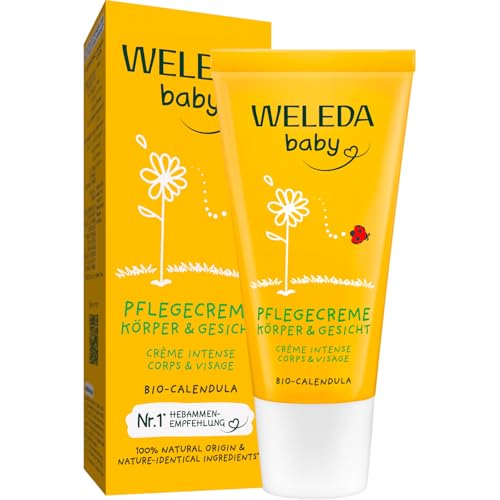 WELEDA Bio Baby Calendula Pflegecreme Körper & Gesicht 30ml - Naturkosmetik Gesichtscreme / Hautcreme mit Sesamöl & Lanolin zur Pflege trockener Haut. Babypflege Feuchtigkeitscreme für Babys & Kinder