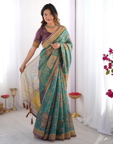 Image of SIRIL Women's Cotton Linen Kalamkari Printed Handloom Saree with Unstitched Blouse Piece