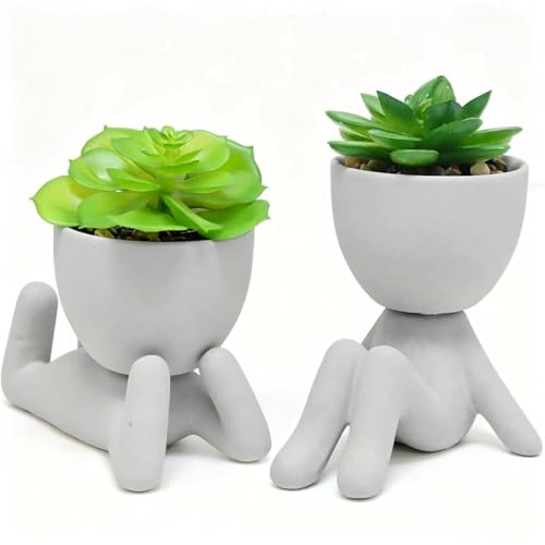 Zerzsy 2 Pack Artificial Plants Succulents with Creative Human Shaped Pots, Office Plant Cute Desk Decor for Women, Fake Succulent Decoration for Home Bathroom Shelf Decor (Grey)