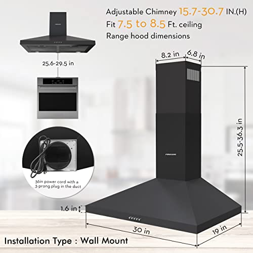 FIREGAS Black Range Hood 30 inch, Ducted/Ductless Range Hood Wall Mount