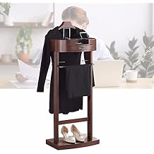 Suit Valet Stand Hanger Wood Suit Valet Stand Clothes Rack Floor Standing Clothes Valet Suit Stands with Clothes Hanger and Pants Rail for Office Living Room Bed Room 43x34x106cm