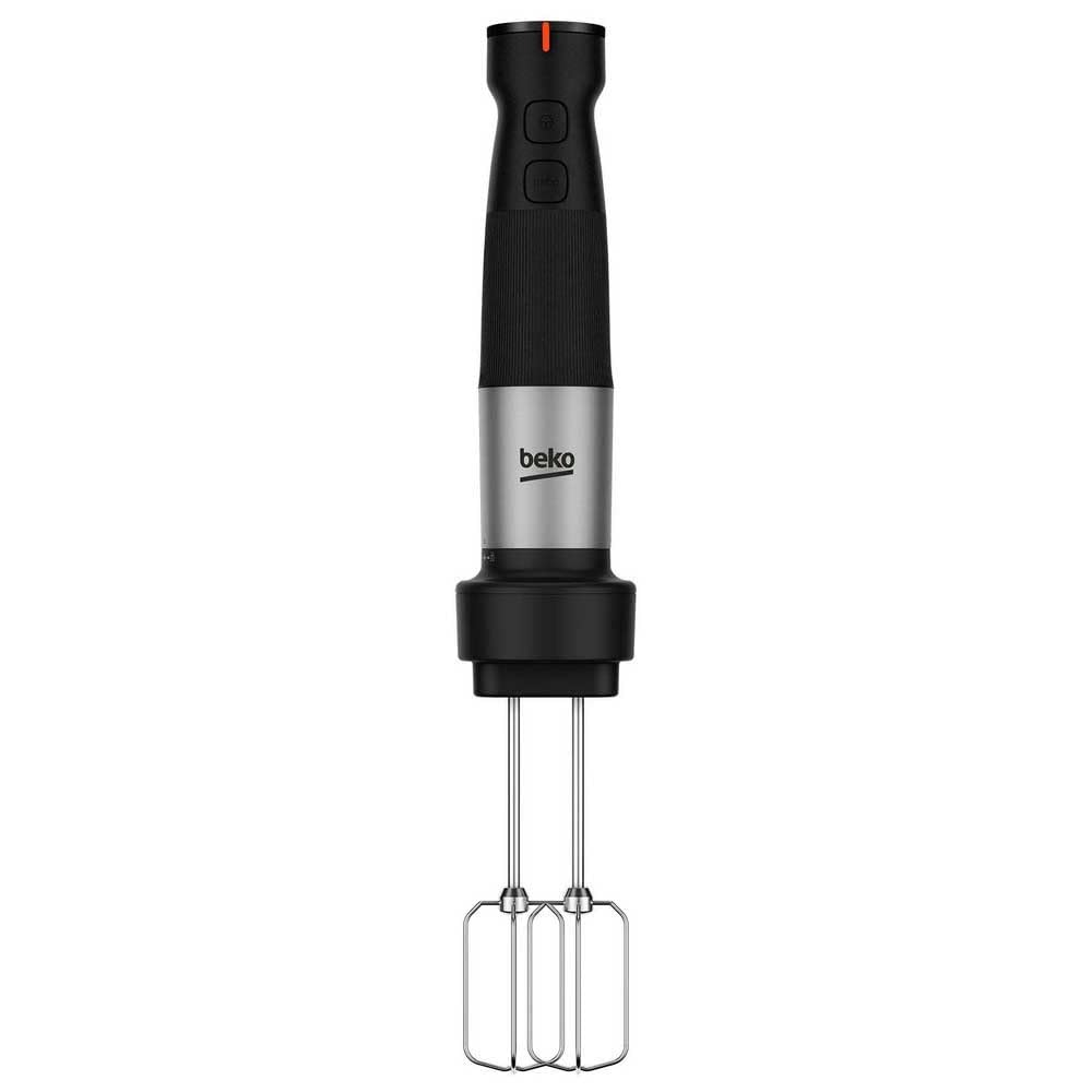 BEKO, Set Mixeur Plongeant, Puissance : 750 W, 12 vitesses + Turbo, 4 lames en étoile, Cloche anti éclaboussures, Verre doseur, Hachoir bol verre 2 lames, Fouet, Pied inox, Noir et Inox