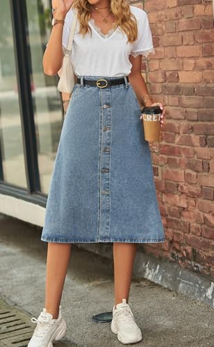 CHARTOU Casual Jean Skirts for Women Midi Denim Skirt Button Down A Line Skirt Flared Blue Jean Skirt with Pockets2