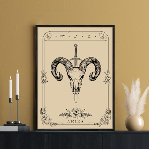SERIMINO Witchy Framed Wall Art, Aries Tarot Canvas Prints Paintings, Horoscope Dark Academia Home Decor Aesthetic, 12X16inch Gothic Wall Decor for Room